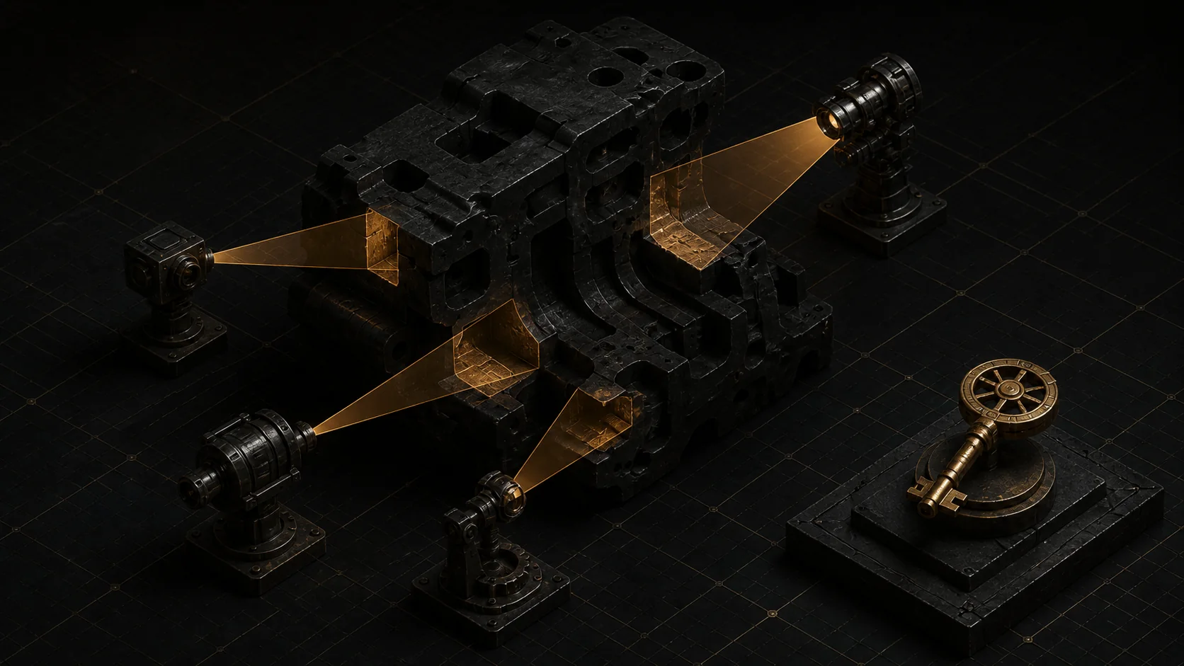 Inspection beams illuminate bounded portions of a larger artifact while an authorization key remains separate.