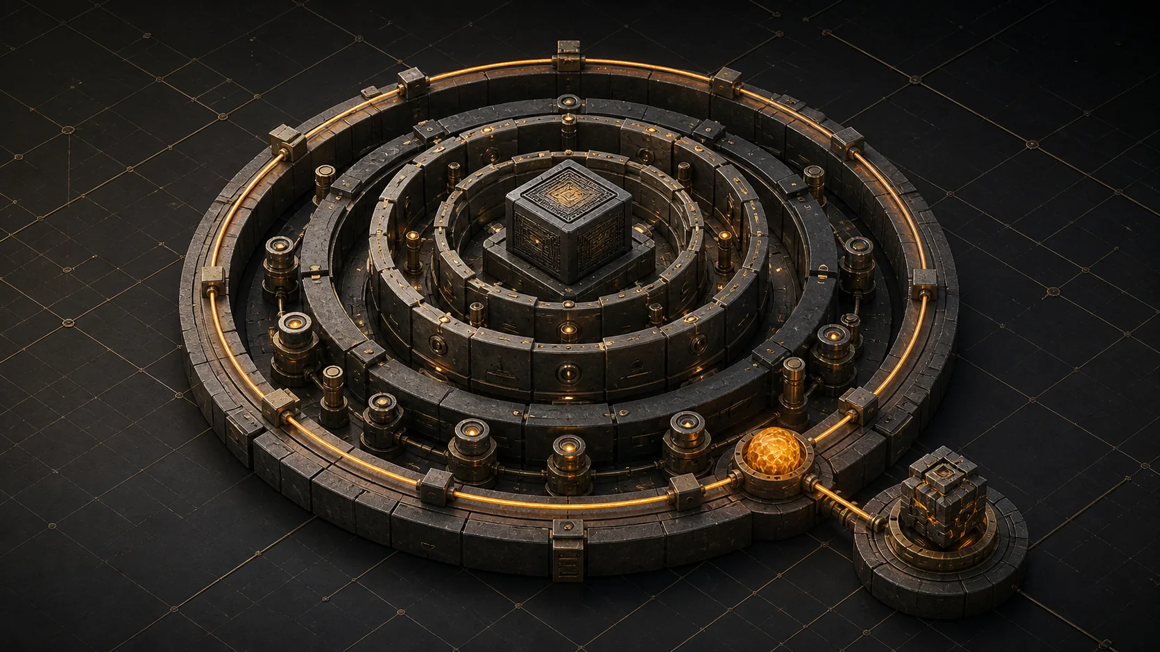 A central model cube nested inside four mechanical harness layers with an amber feedback loop.